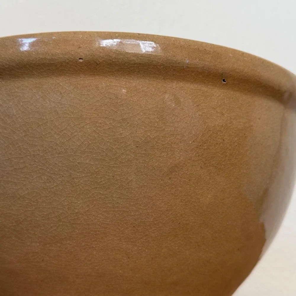 Antique Yellow Pottery Bread‎ Bowl Crackle Glaze Stoneware Handmade
